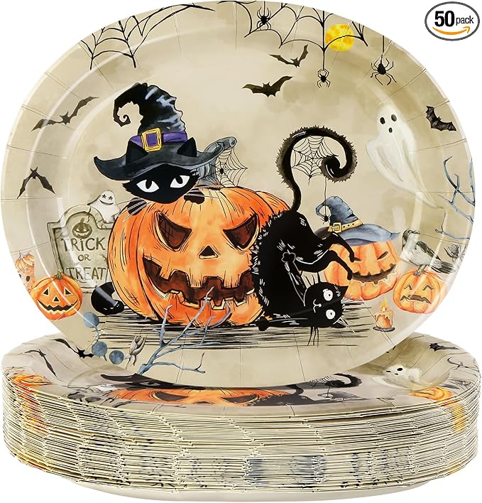 Quera Halloween Paper Plates Black Cat Pumpkin Disposable Party Plate - skull plate