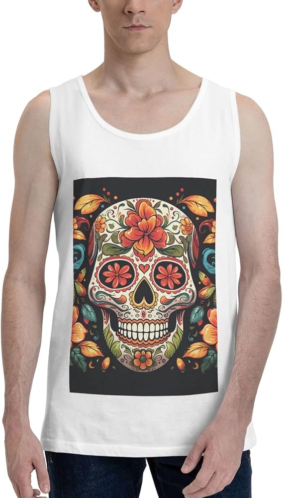Mens Workout Tank Tops Moisture-Wicking Sleeveless Shirts Colorful Sugar Skull Gym Muscle T Shirts Cotton Tanks - skull tank tops