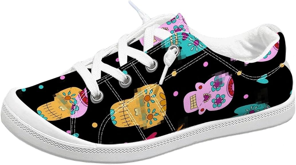 Women Floral Sugar Skull Print Canvas Casual Sneakers - sugar skull boots