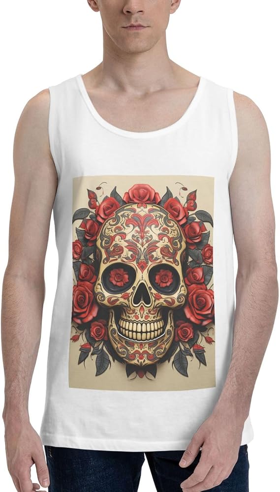 Mens Workout Tank Tops Moisture-Wicking Sleeveless Shirts Red Rose Sugar Skull Gym Muscle T Shirts Cotton Tanks - skull tank tops