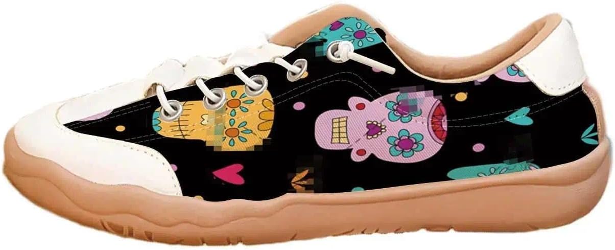 Women's Retro Casual Walking Shoes, Purple Black Grid White Skull Print Low Top Sneakers, Non Slip Soft Sole Gothic Fashion Trainers for Daily Street Wear - sugar skull boots