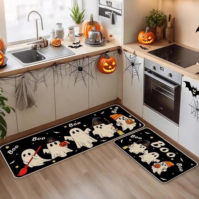 Limike Halloween Kitchen Mats, Non-Slip Halloween Kitchen Rugs Set of 2 - skull floor mat