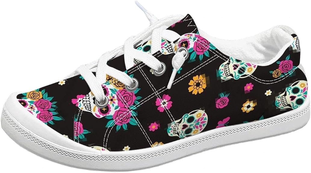 Purple Black Skull Pattern Slip On Canvas Shoes for Women Gothic Halloween Low Top Sneakers Casual Walking Flat Shoes - sugar skull boots