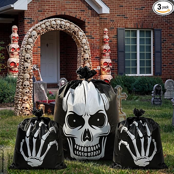 Qilery 3 Pcs Halloween Skull Leaf Bags, Skeleton Lawn Bags with Twist Ties