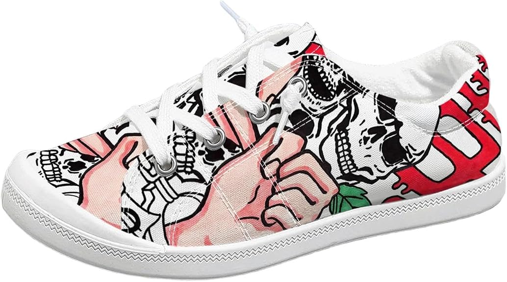 Women Gothic Halloween Horror Skull Canvas Sneakers, Spooky Pumpkin Ghost Print Casual Walking Shoes - sugar skull boots