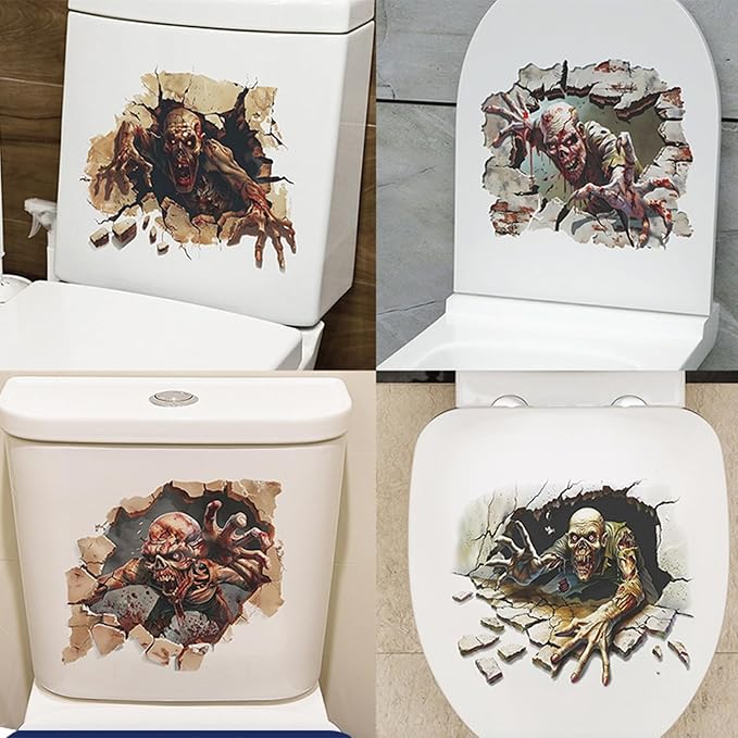 Kiddale 4 Sheets Halloween Toilet Decals 3D Zombie Broken Wall Stickers - skull toilet paper