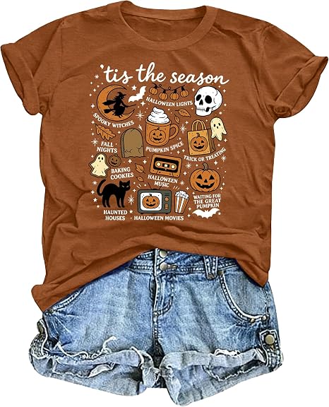 Halloween Shirts for Women Spooky Season Short Sleeve Tis The Season Tee - skull tshirt