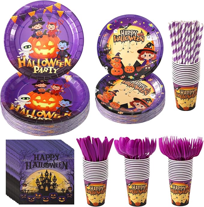 192 PCS Halloween Paper Plates and Napkins Set for Dinnerware, Party - skull plate