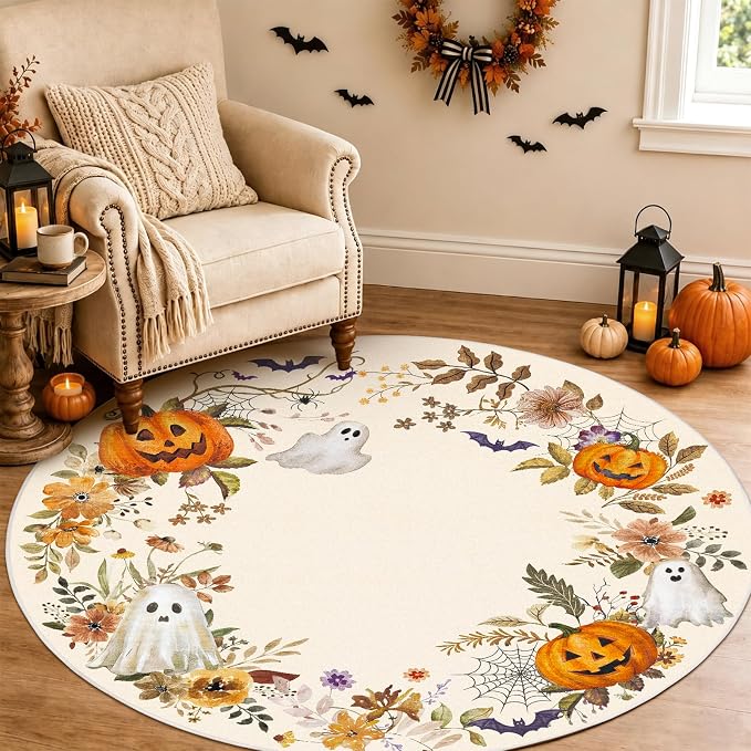 4 Ft Halloween Round Area Rug, Machine Washable, Halloween B - skull carpet