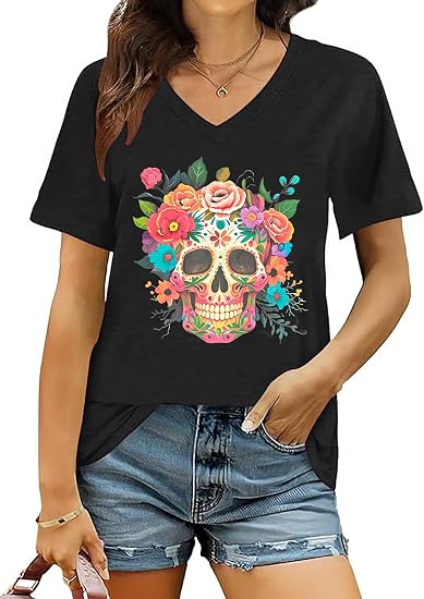 Dead of The Dead Shirts for Women Dia De Los Muertos Tshirt Sugar Skull Tee - skull tshirt