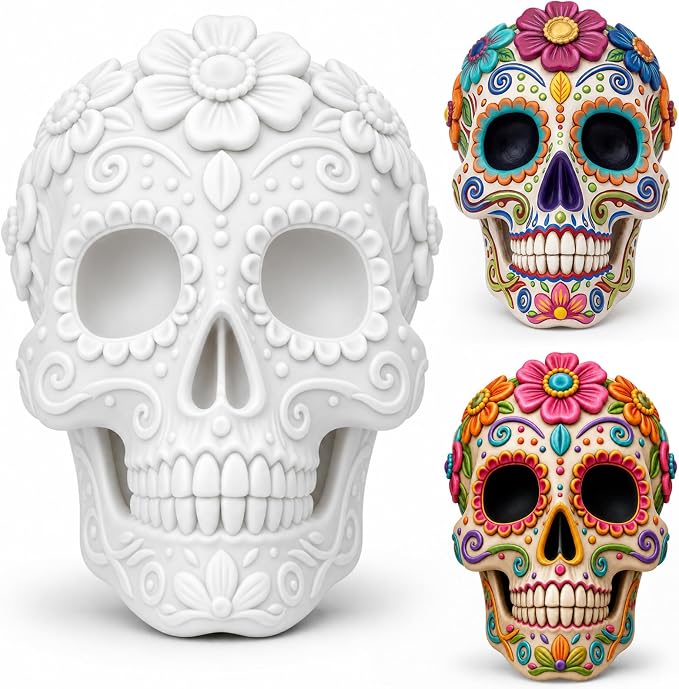 RattanView Day of The Dead Sugar Skull Resin Figurine Decor 6", White - skull painting
