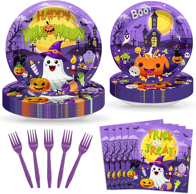 96pcs Halloween Plates and Napkins Pumpkin Ghost Party Supplies Disposable - skull plate