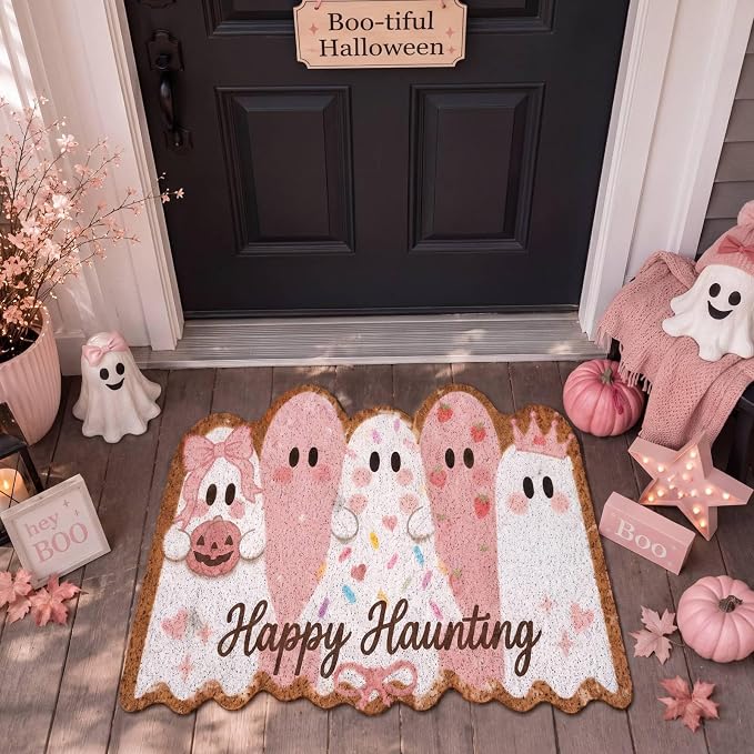 Tinideya Pink Halloween Ghost Doormat, 29″x18″ Cute Ghost Outdoor Rug