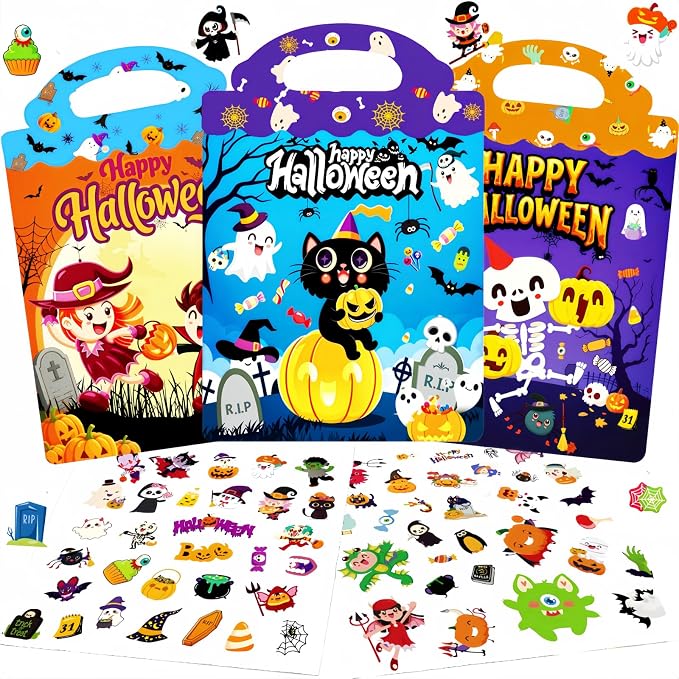3 Pack Halloween Reusable Jelly Sticker Books for Toddlers, Crafts for Kids - skull sticker