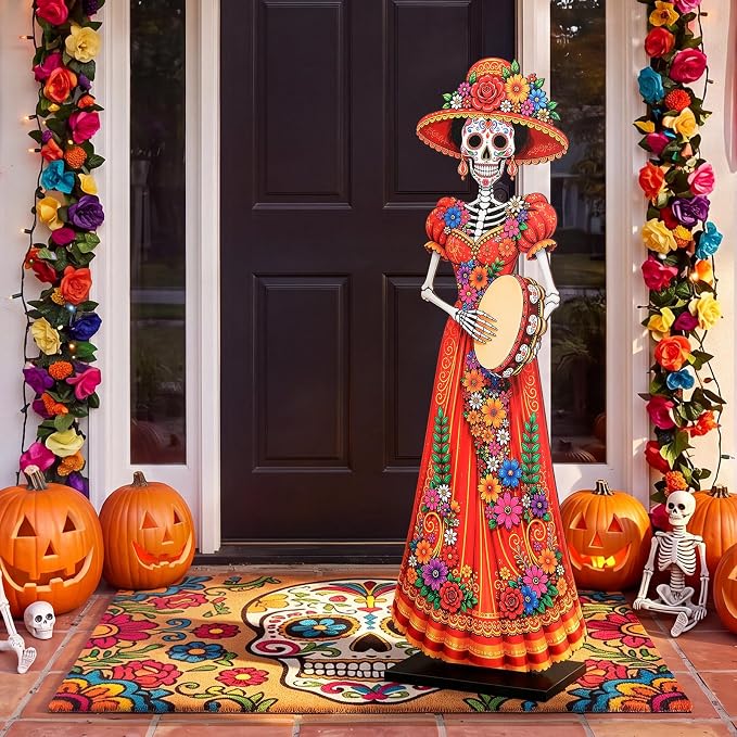 Novabright 2.9 ft Day of the Dead Girl Sugar Skull Outdoor Decor for Porch - skull inflatable