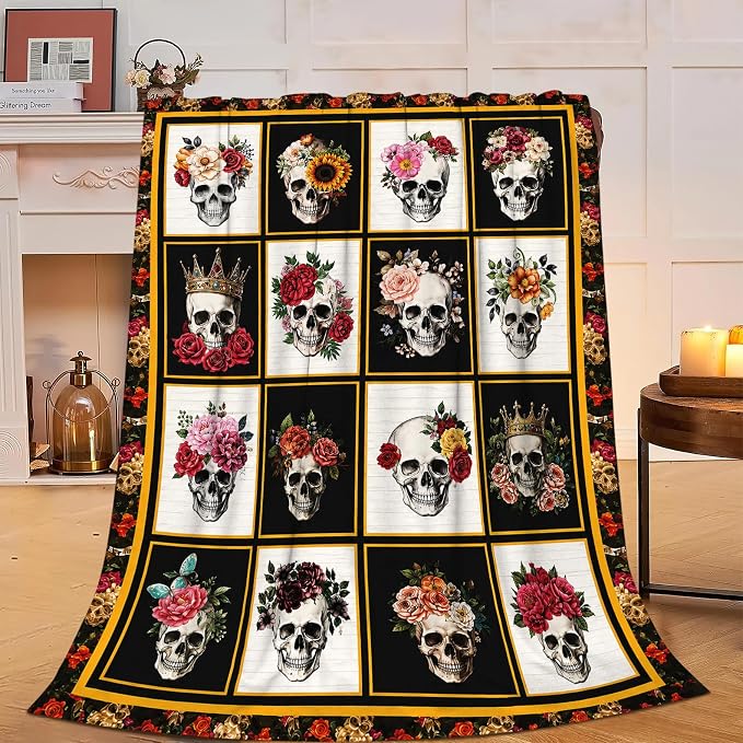 Gothic Skull Throw Blanket, Floral Rose Skeleton Fleece Decor Gifts 40"X50" - skull blanket