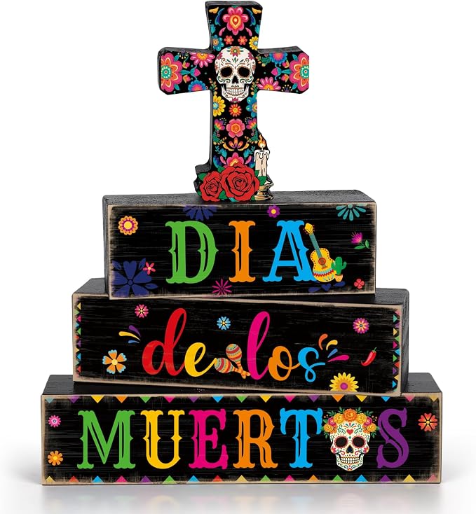 4 Pcs Day Of The Dead Table Decorations Wooden Dia De Los Muertos Table Centerpiece Indoor Cross Tabletop Decoration Skull Altar Decor Crucifix for Home Church Holiday Desk Tiered Tray Party Shelf - skull plate