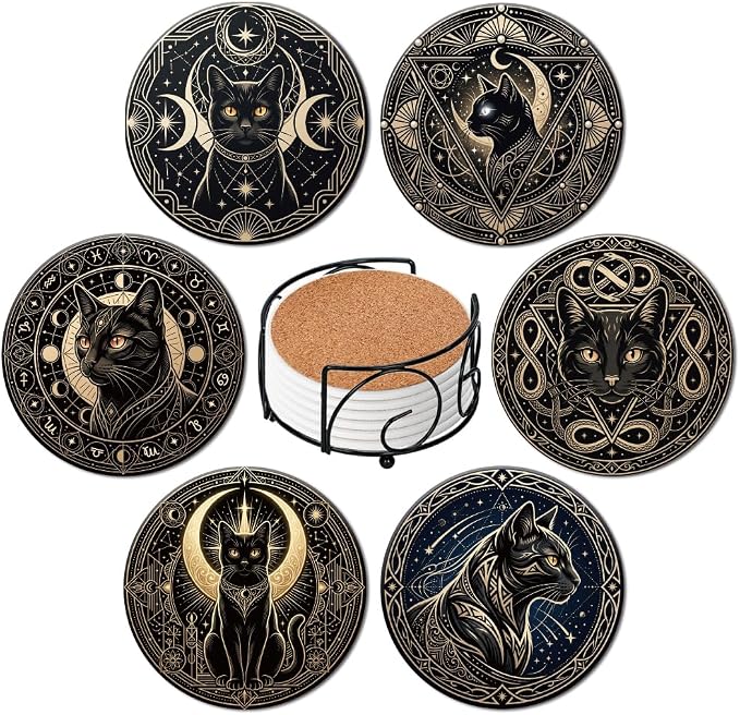 ANATTASOUL Mystery Black Cat & Moon Ceramic Coasters Set of 6 with Holder - skull coaster