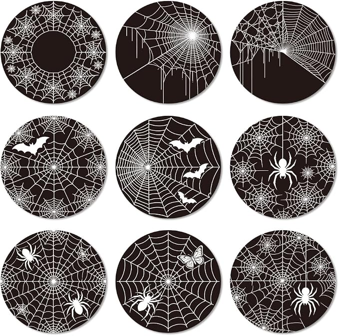 ANATTASOUL Halloween Black Spider Web Wooden Coasters Set of 9 Bulk(3.9") - skull coaster