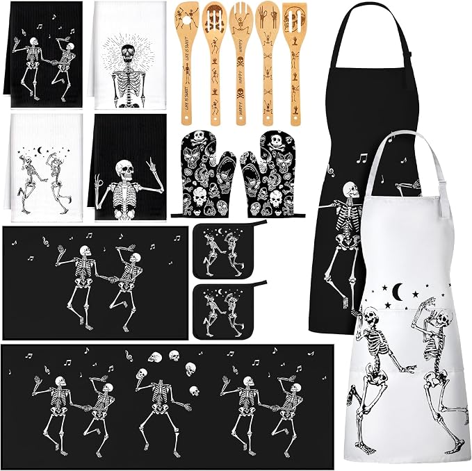 Bencailor 17 Pcs Vintage Halloween Kitchen Decor, Gothic Skull Kitchen Sets - skull floor mat