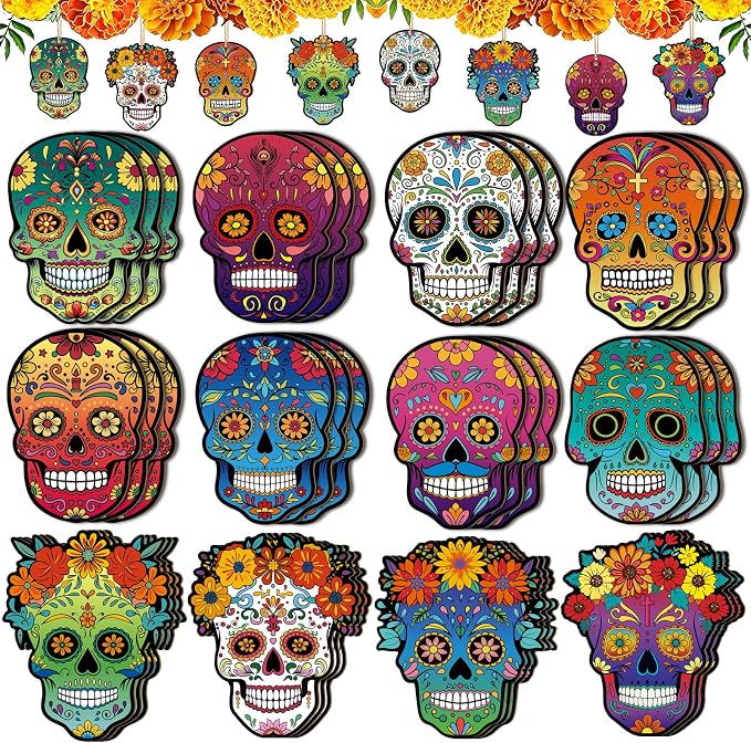 36PCS Wooden Sugar Skulls Ornaments for Tree Day of the Dead Decorations, Dia De Los Muertos Altar Floral Skeleton Cutouts for Crafts Hanging Halloween Decorations Mexican Fiesta Pendant Party - skull figurine