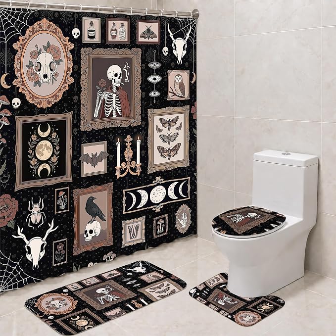 Romart Halloween Shower Curtain Set, 4 Pcs Gothic Skeleton Bathroom Decor