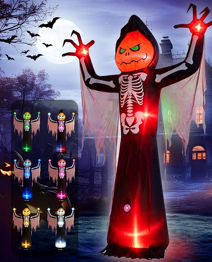 Elegear 12FT Pumpkin Skeleton Reaper Halloween Inflatable Blow Up Décor - skull inflatable