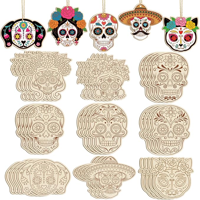 36PCS Wooden Day of The Dead Skull Ornaments to Paint Dia De Los Muertos Decorations Crafts for Kids, Halloween Decorations DIY Blank Sugar Skull Unfinished Mexican Fiesta Cutouts for Party Hanging - skull painting