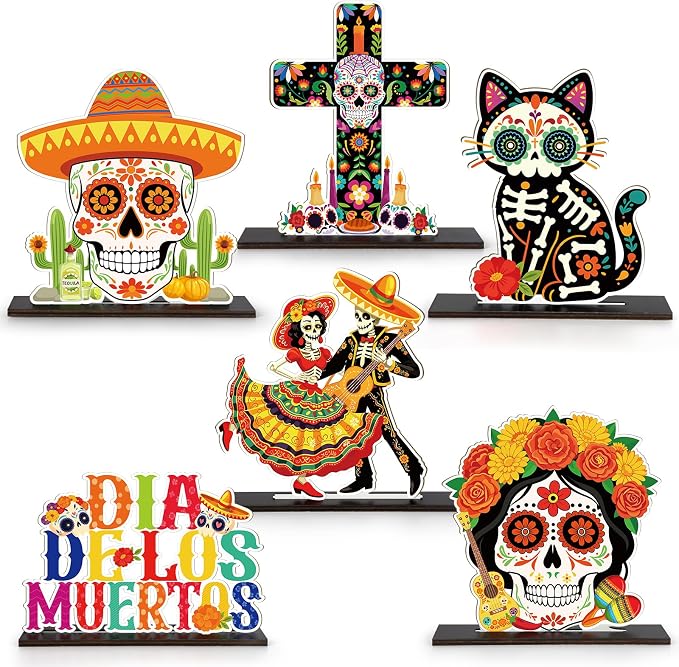 6Pcs Day of The Dead Decorations Dia De Los Muertos Altar Wooden Table Centerpiece Sugar Skull Dancing Ghost Skeleton Ofrenda Altar Tiered Tray for Halloween Mexican Carnival Party Decoration Supplies - skull plate