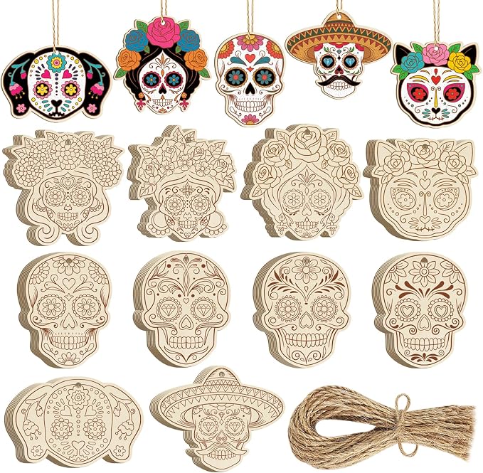80PCS Wooden Day of The Dead Skull Ornaments to Paint Dia De Los Muertos Decorations Crafts for Kids, Halloween Decorations DIY Blank Sugar Skull Unfinished Mexican Fiesta Cutouts for Party Hanging - skull plate
