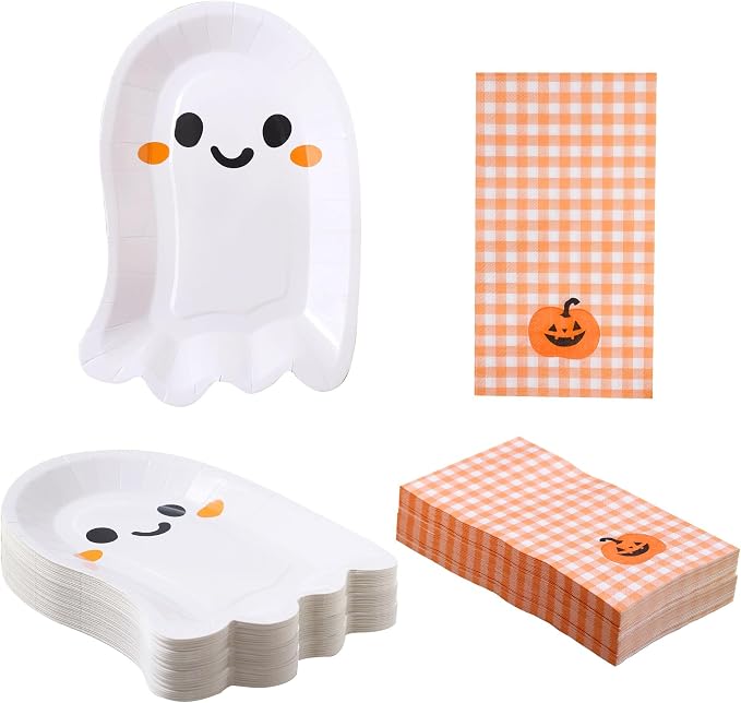 Winoo Design 48PCS Halloween Plates and Napkins Party Supplies - Serves 24 - Cute Ghost Paper Plates and Pumpkins Napkins Dispoable for Halloween Decor Decorations Birthday Dinnerware Set - skull plate