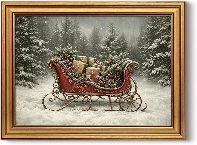 WHASAYART Gold Framed Canvas Wall Art, Christmas Snow Sleigh Art, 12x16 In - skull wall art
