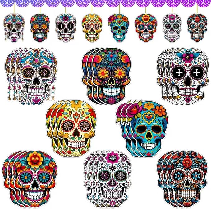 24 Pieces Wood Sugar Skull Ornaments Day of The Dead Tree Decor - skull candle