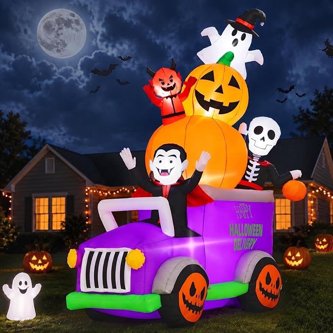 Elegear 8FT Parade Truck Halloween Inflatable, Outdoor Yard Lawn Decor - skull inflatable