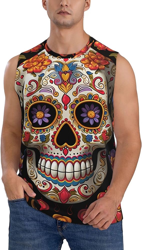 Mens Casual Tank Tops Quick Dry Sleeveless Shirts Sugar Skulls Muscle Gym T Shirts Summer Beach Vacation Tee - skull tank tops