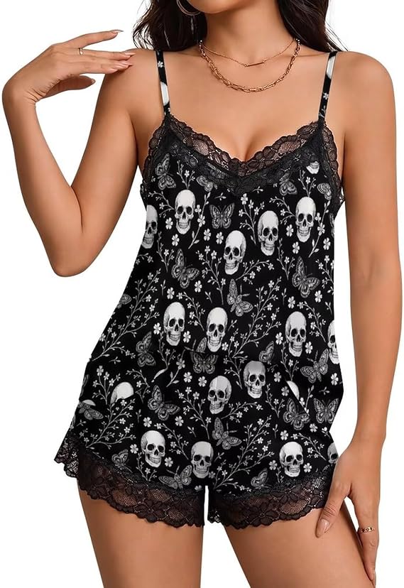Cami and Shorts Pajama Set 2 Pcs V Neck Lace Lingerie Sleepwear with Adjustable Straps - skull pajamas