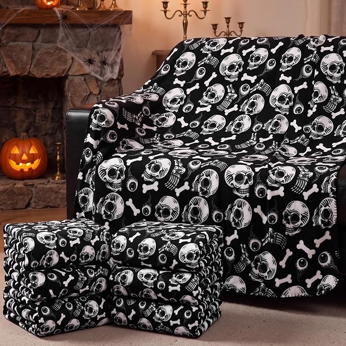 Preboun 6 Pcs Halloween Skull Fleece Throw Blanket Printed Warm