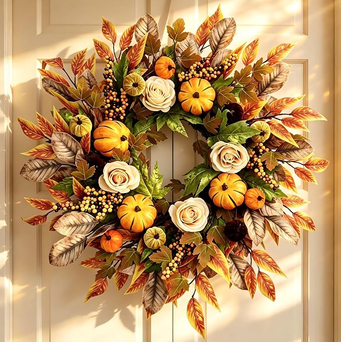 24 Inch Fall Wreaths for Front Door, Autumn Pumpkins Wreaths