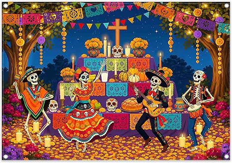 7x5ft Day of the Dead Backdrop Fiesta Sugar Halloween Banner - skull sticker