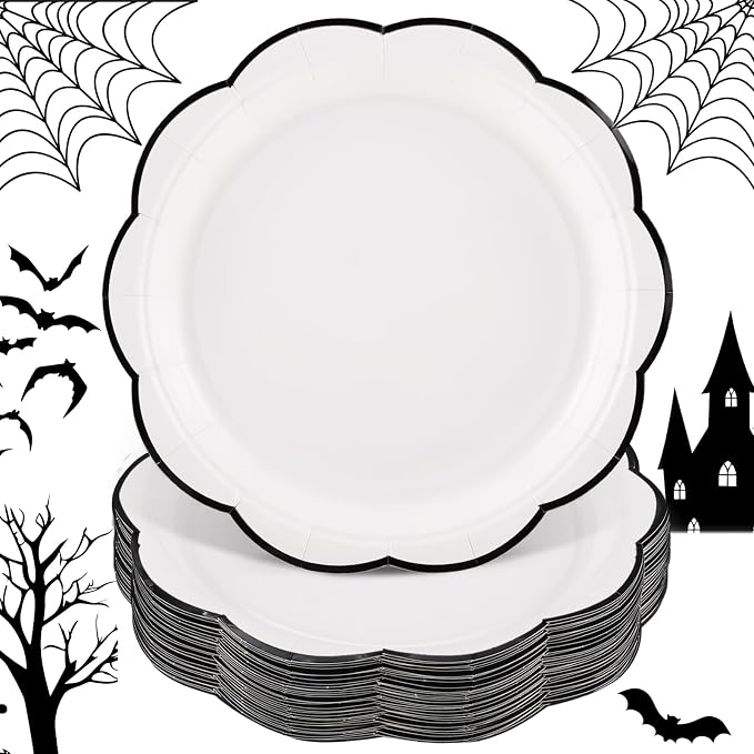 30 Pcs Halloween Plates Disposable 9 Inch Black and White Paper Plate - skull plate