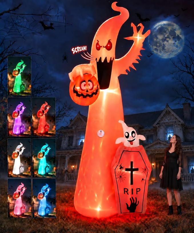 Elegear 12FT Ghost Halloween Inflatable, Motion-Activated Spooky Sounds - skull inflatable