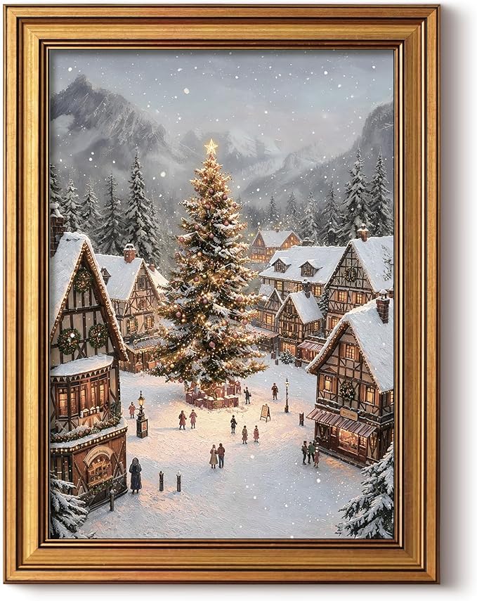 HUARCEY Gold Framed Canvas Wall Art, Christmas Winter Village Art, 12x16 In - skull wall art