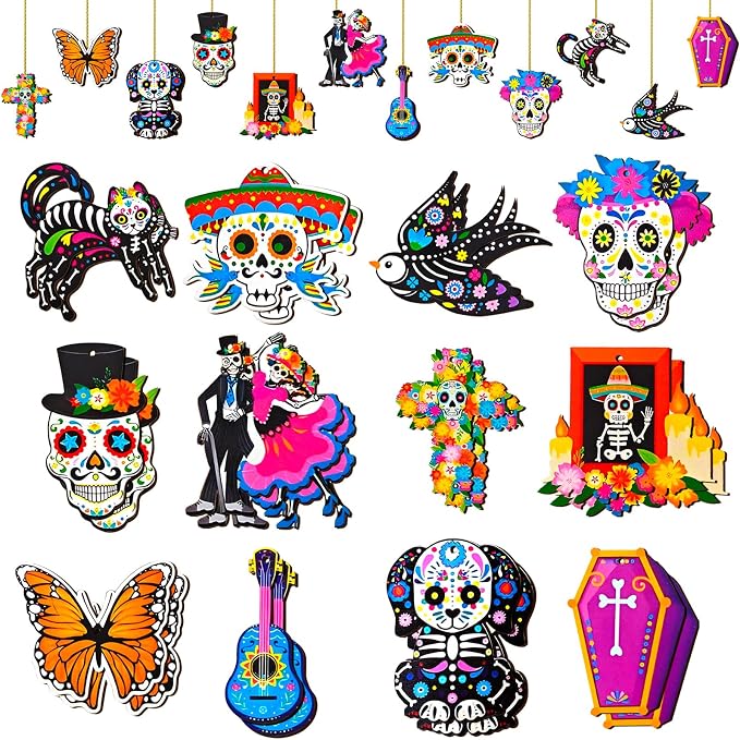 36PCS Day of the Dead Ornaments Dia De Los Muertos Wood Decoration - sugar skull ornament