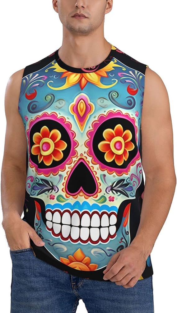 Mens Casual Tank Tops Quick Dry Sleeveless Shirts Sugar Skulls Muscle Gym T Shirts Summer Beach Vacation Tee - skull tank tops