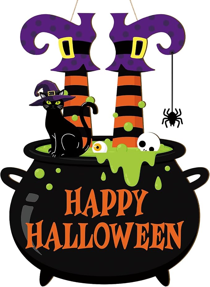 Halloween Decorations Wooden Happy Halloween Door Wreath for Front Door Sign Witch Feet Wall Signs, Black Cat Spider Welcome Sign Hanging for Home Wall Decor Party Outdoor Indoor Supply Vintage Office - skull wreath