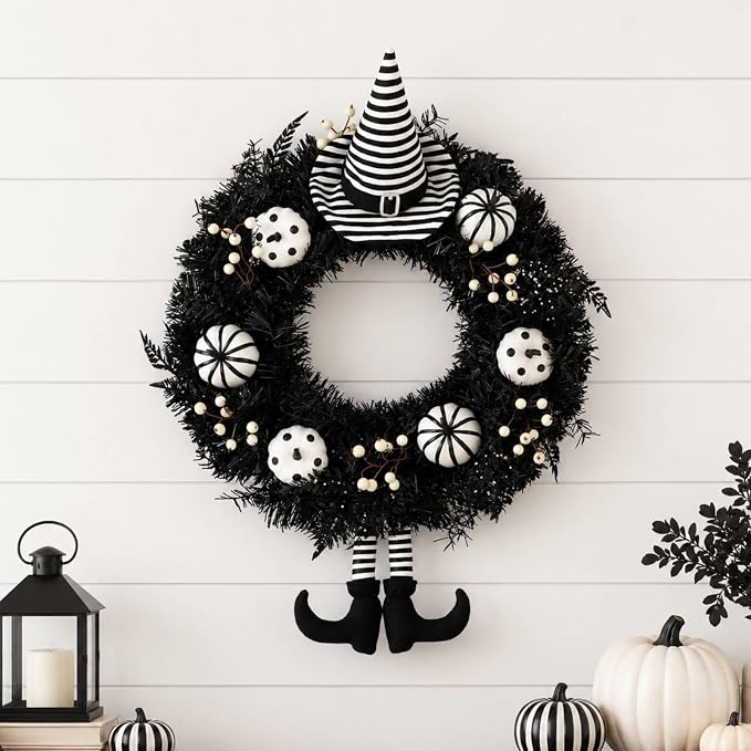 Grooy 24 Inch Halloween Wreath for Front Door with Striped Hat, Legs - skull wreath