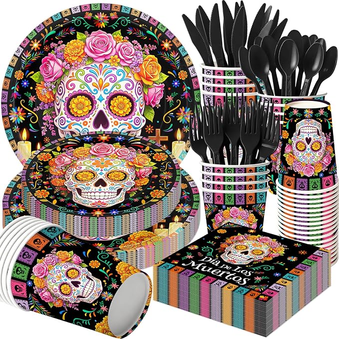 168pcs Day of the Dead Plates and Napkins Dia De Los Muertos Decorations - skull plate