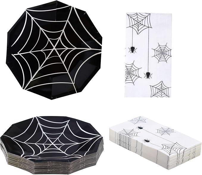 Winoo Design 48PCS Halloween Plates and Napkins Party Supplies - Serves 24 - Spider Web Paper Plates and Disposable Napkins for Horror Halloween Decor Decorations Birthday Dinnerware Set - skull plate