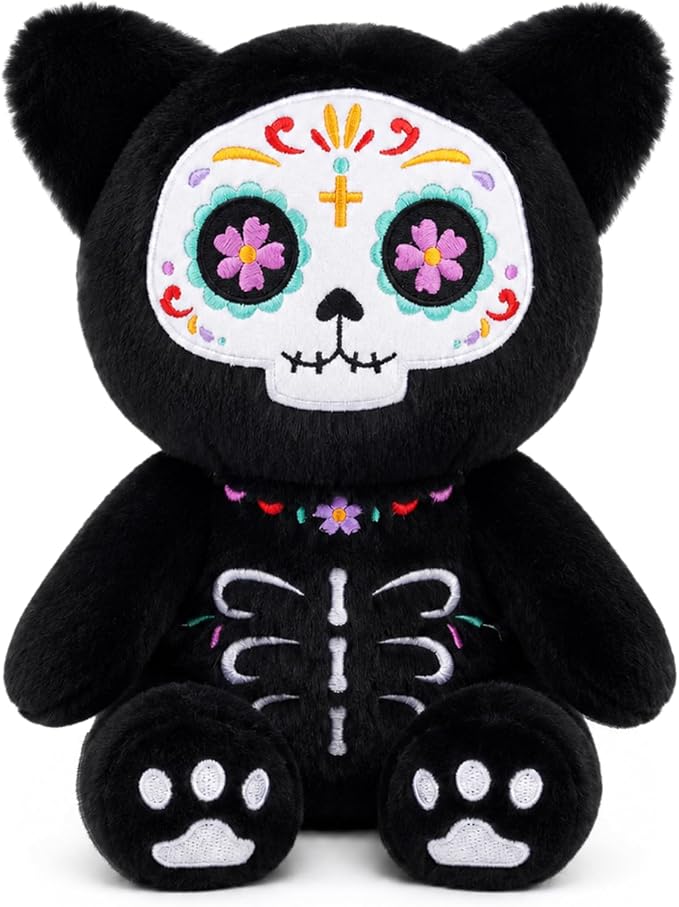 Day of the Dead Black Cat Plush with Sugar Skull Face - skull figurine