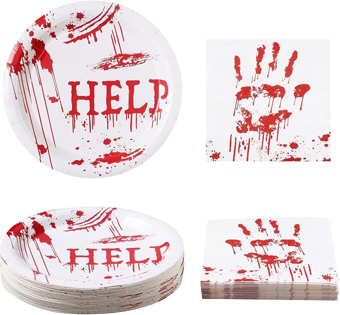 Winoo Design 48PCS Halloween Plates and Napkins Party Supplies - Serves 24 - Horror Paper Plates and Disposable Napkins for Halloween Decor Decorations Birthday Dinnerware Set - skull plate